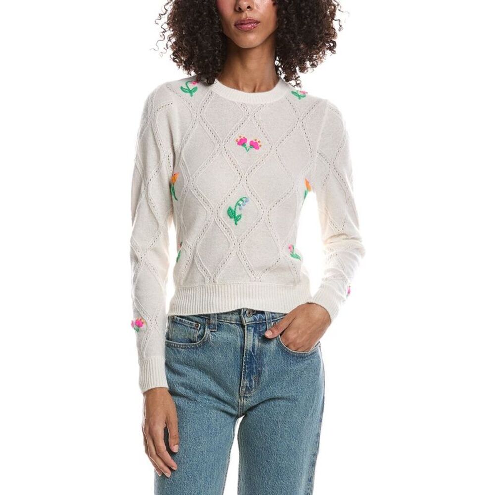 Brodie Cashmere Womens  Lightweight Floral 100% Cashmere Sweater, Tan